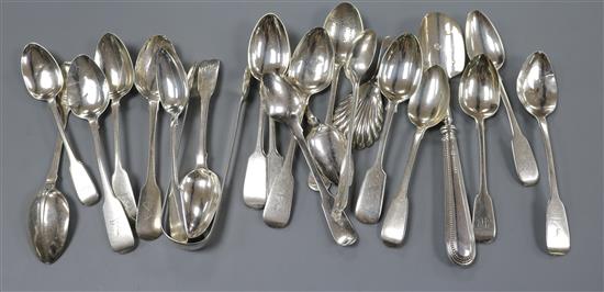 A set of six fiddle pattern George IV silver teaspoons, Charles Marsh, Dublin, 1828 and other mixed flatware including plated.